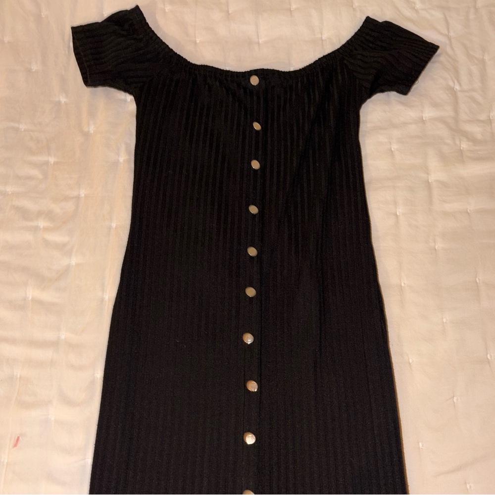 Black Off-Shoulder Button-Down Dress